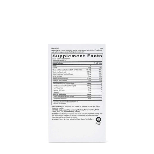 GNC Eye Health Formula ingredient panel highlighting vitamins and minerals for daily eye function.