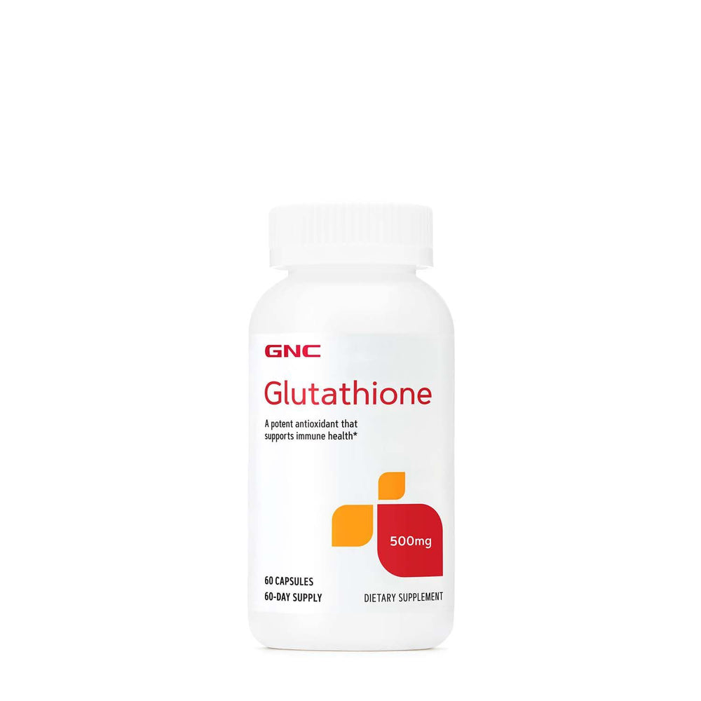 GNC Glutathione 500mg bottle label with clear design for immune support.