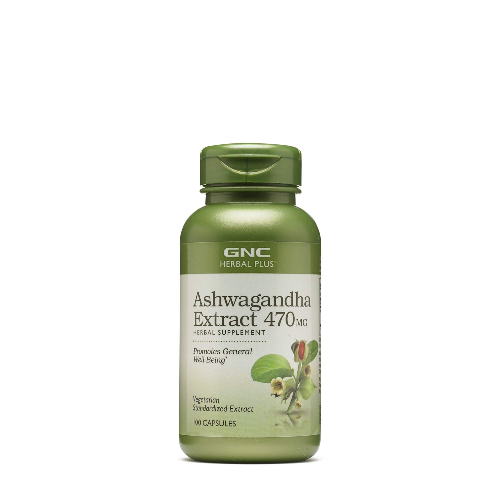 GNC Herbal Plus Ashwagandha 470mg bottle for daily well-being