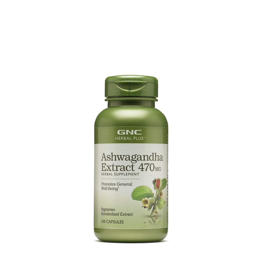 GNC Herbal Plus Ashwagandha 470mg bottle for daily well-being