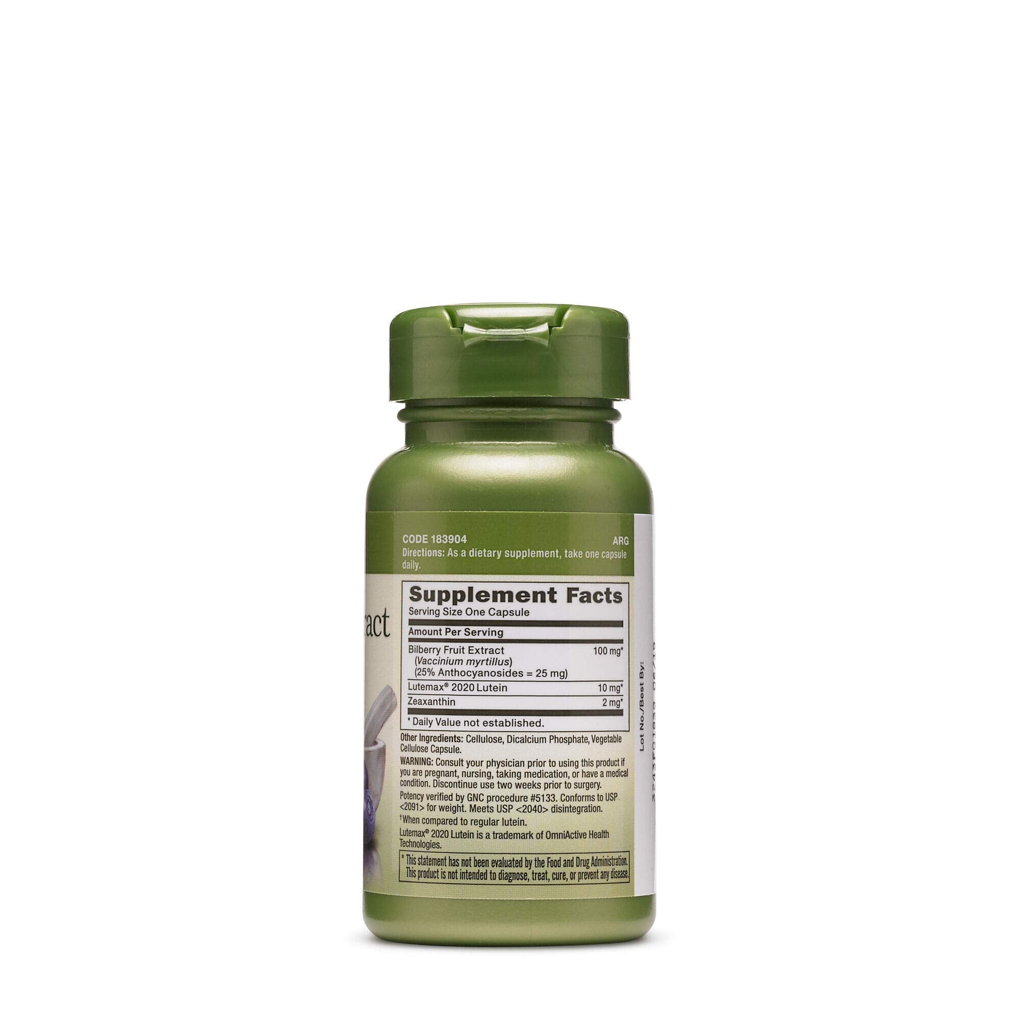GNC bottle capsules closeup highlights lutein and bilberry for potentially improved visual comfort