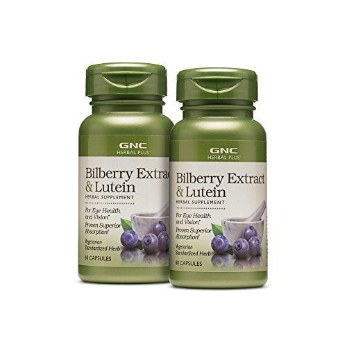 GNC Herbal Plus Bilberry and Lutein bottle with capsules for eye health support