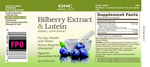 GNC Herbal Plus Bilberry and Lutein label with nutrition details