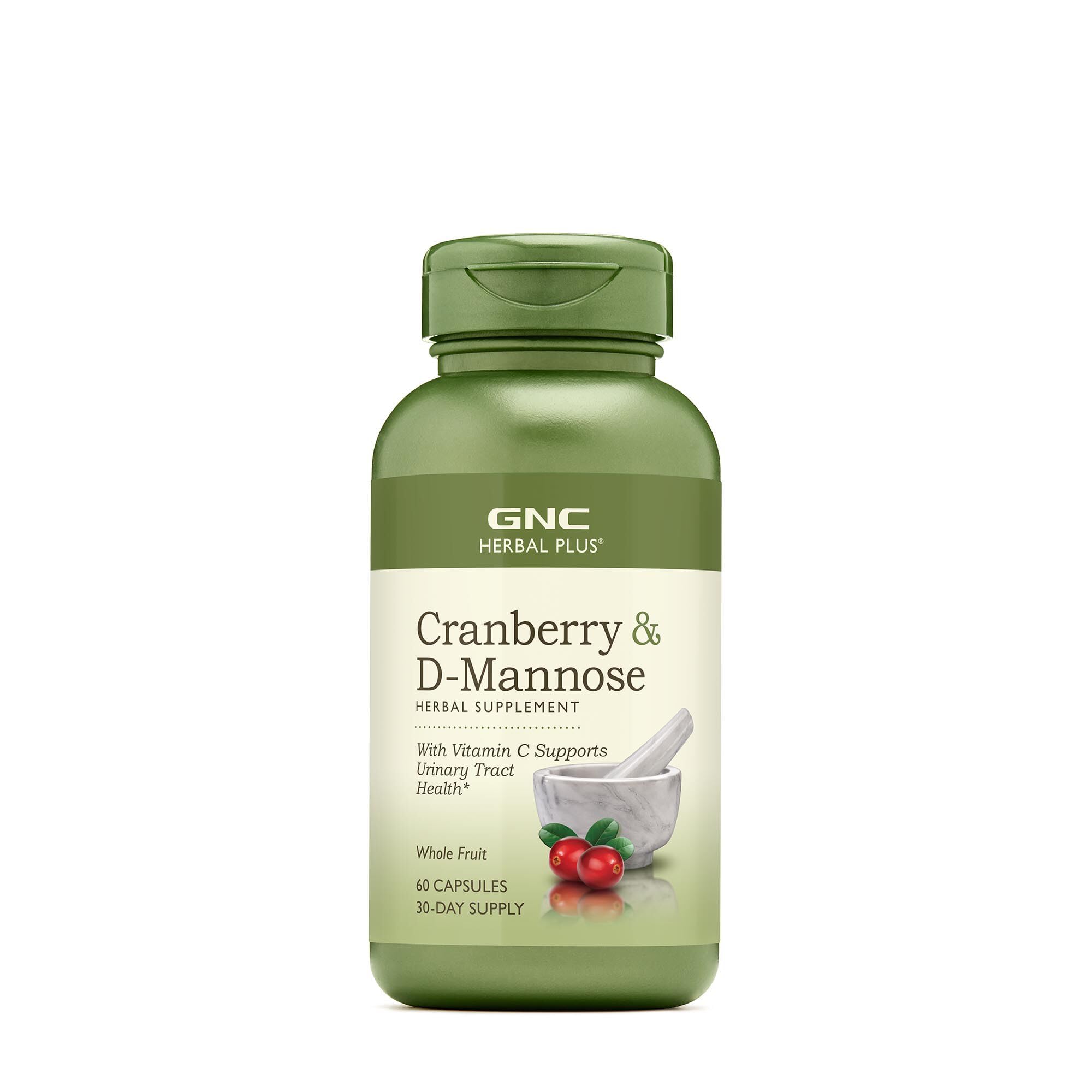 GNC Herbal Plus Cranberry D-Mannose bottle with capsules supports daily urinary wellness