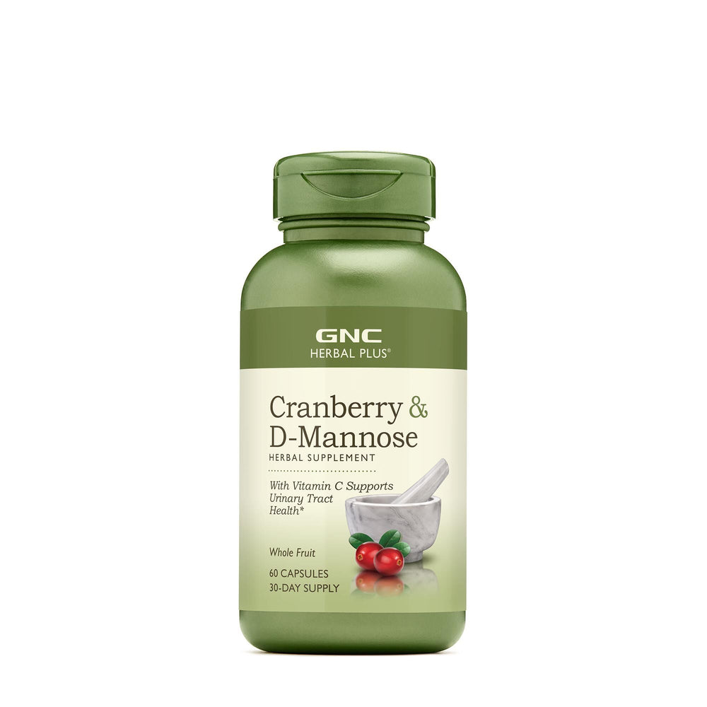 GNC Herbal Plus Cranberry D-Mannose bottle with capsules supports daily urinary wellness