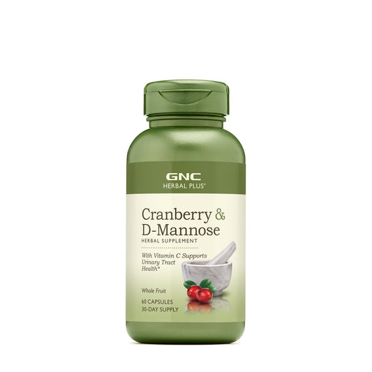 GNC Herbal Plus Cranberry D-Mannose bottle with capsules supports daily urinary wellness