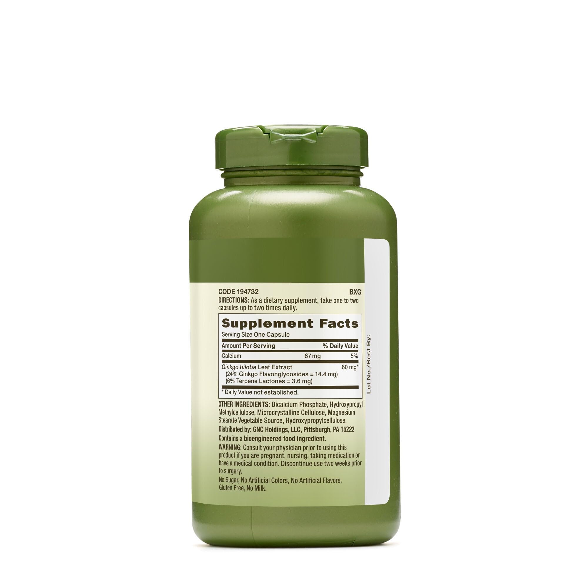 GNC Herbal Plus Ginkgo Biloba label detail highlights 300 servings per bottle.