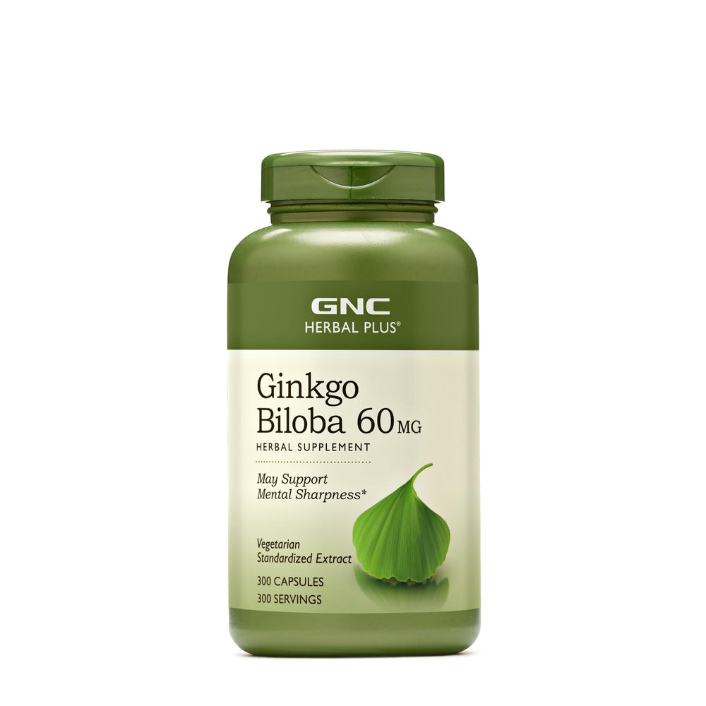 GNC Herbal Plus Ginkgo Biloba bottle front label showing 60 mg dosage.