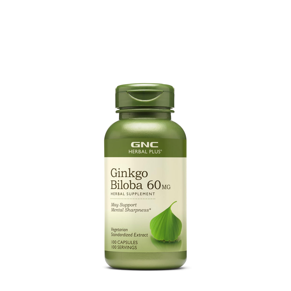 GNC Herbal Plus Ginkgo Biloba bottle highlights 60mg dose for focus support.