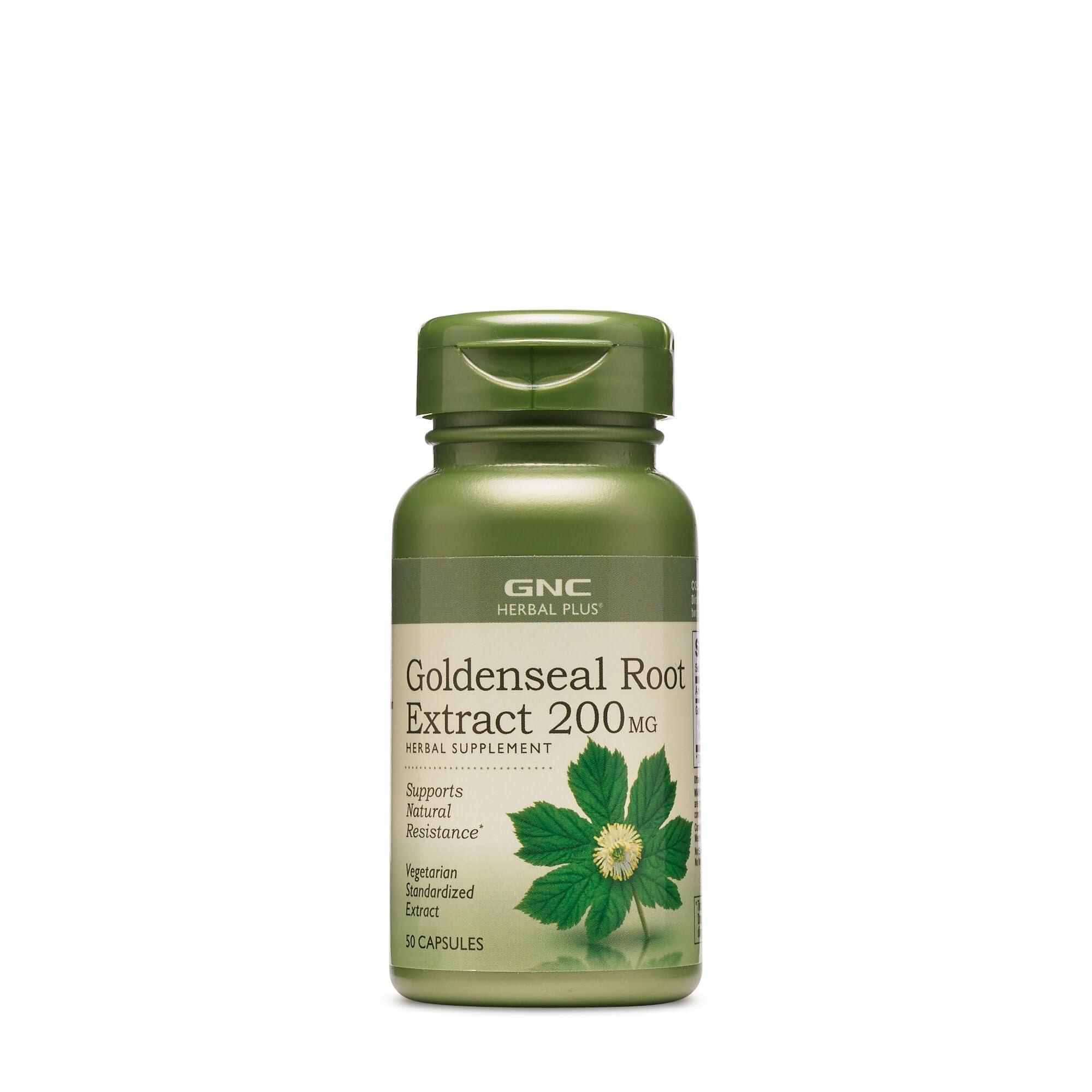 GNC Herbal Plus Goldenseal bottle displays label and serving information, suggesting natural support.