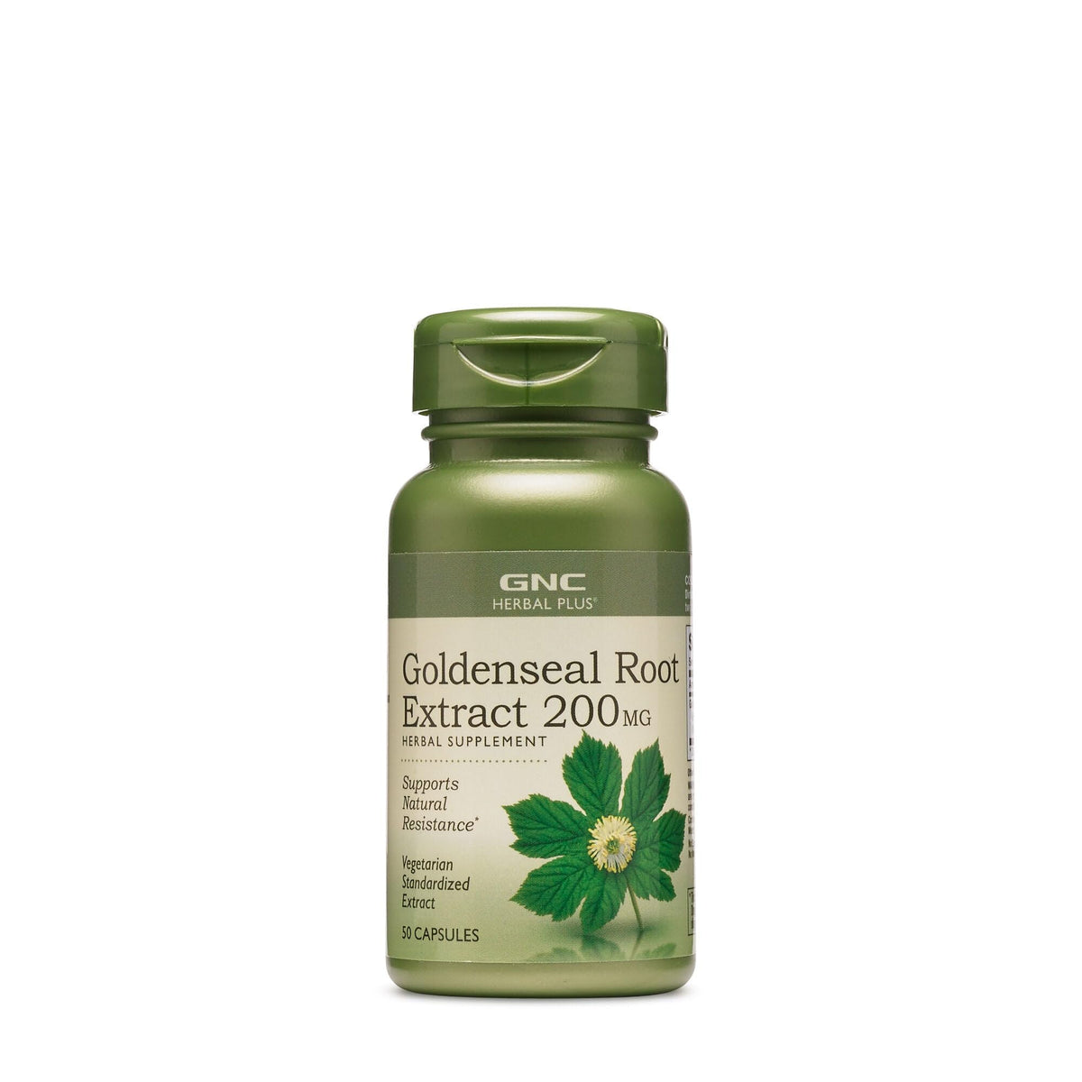 GNC Herbal Plus Goldenseal bottle displays label and serving information, suggesting natural support.