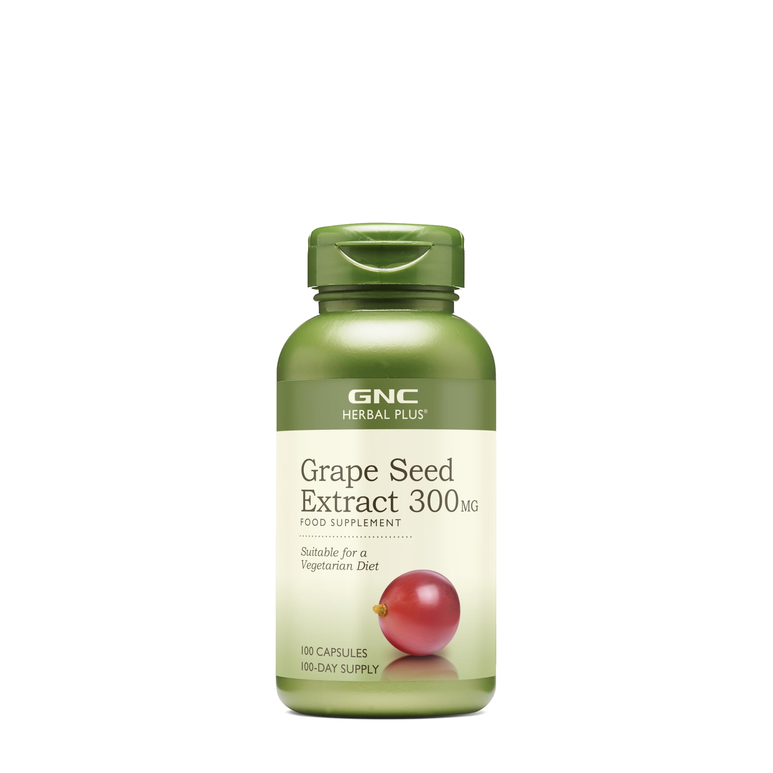 GNC Herbal Plus grape seed extract bottle showing vegetarian formula and 300mg per serving