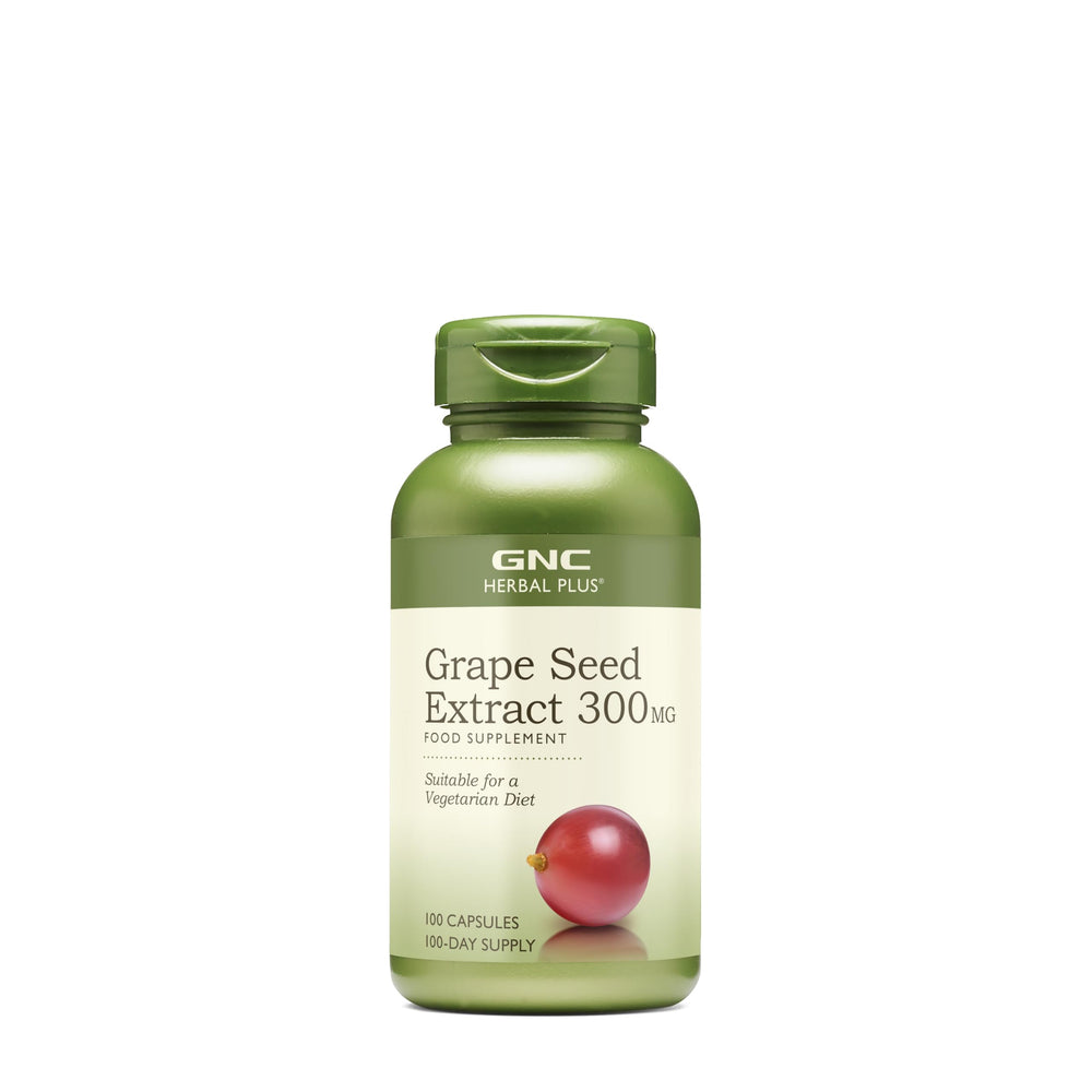 GNC Herbal Plus grape seed extract bottle showing vegetarian formula and 300mg per serving