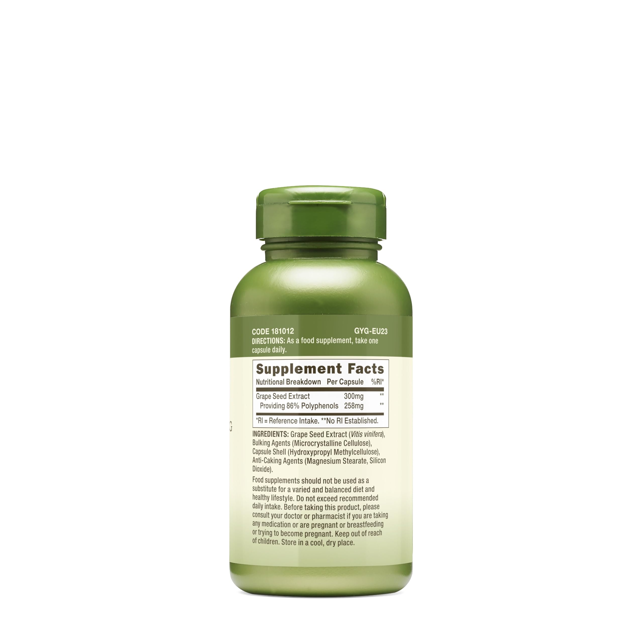 Close-up of GNC Herbal Plus grape seed extract serving with 300mg dose