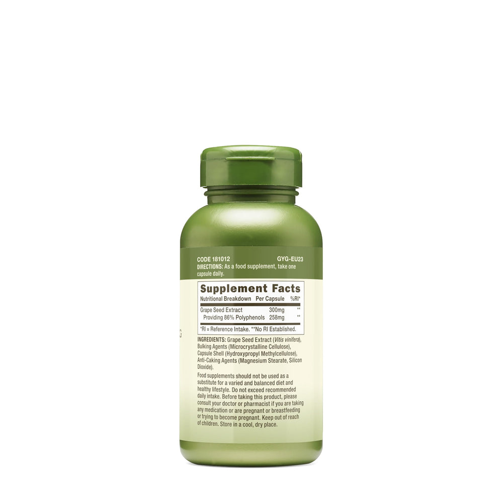 Close-up of GNC Herbal Plus grape seed extract serving with 300mg dose