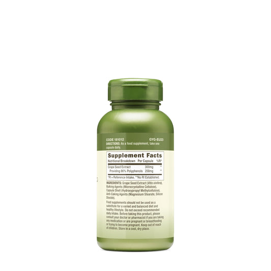 Close-up of GNC Herbal Plus grape seed extract serving with 300mg dose