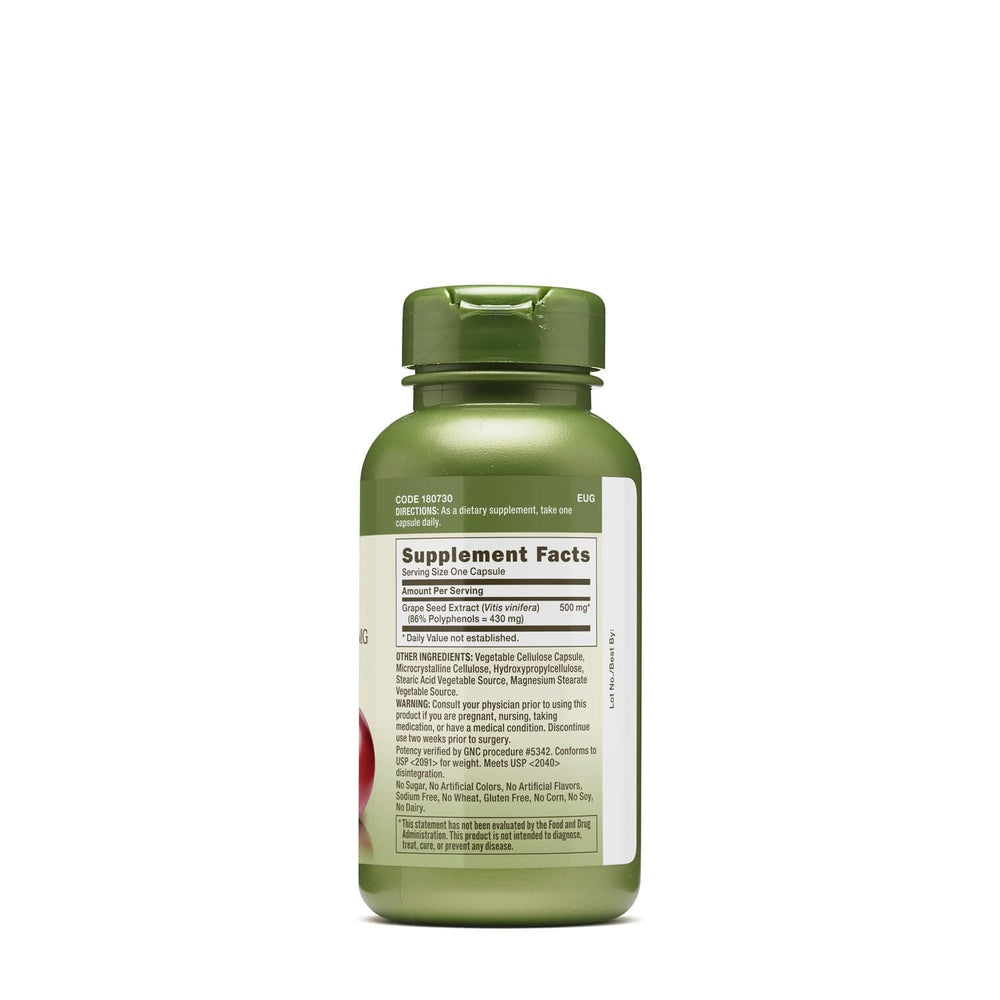 GNC Herbal Plus grape seed extract capsules highlighting vegetarian formula and extra-strength benefits.