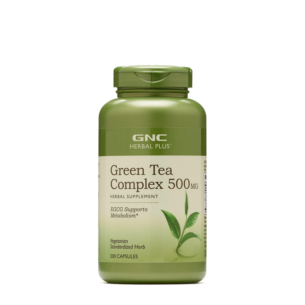 GNC Herbal Plus Green Tea Complex bottle with capsules for metabolism support.