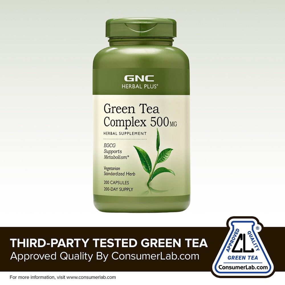 GNC Herbal Plus Green Tea Complex label highlights vegetarian formula.