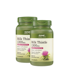 GNC Herbal Plus Milk Thistle 1300mg bottle front, highlighting extra strength liver support.
