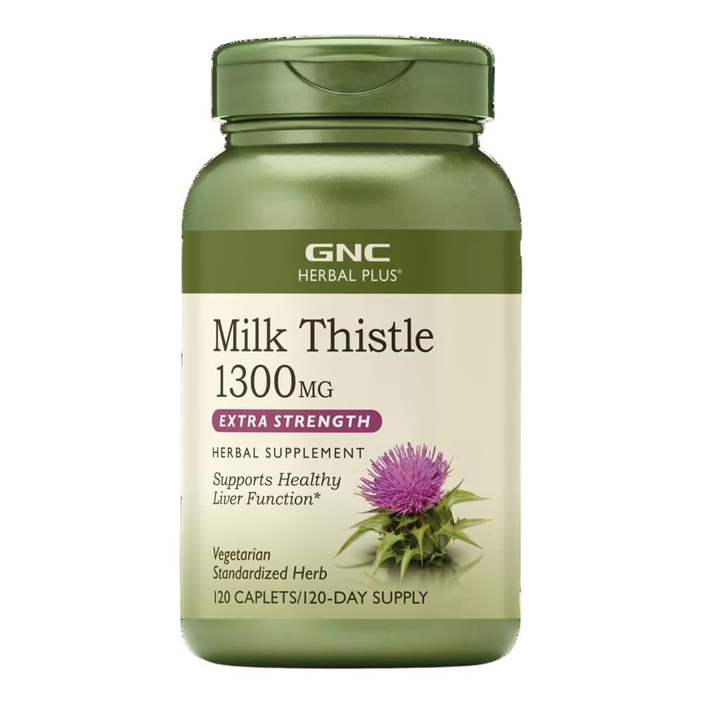 GNC Herbal Plus Milk Thistle 1300mg bottle supports liver health and daily wellness.