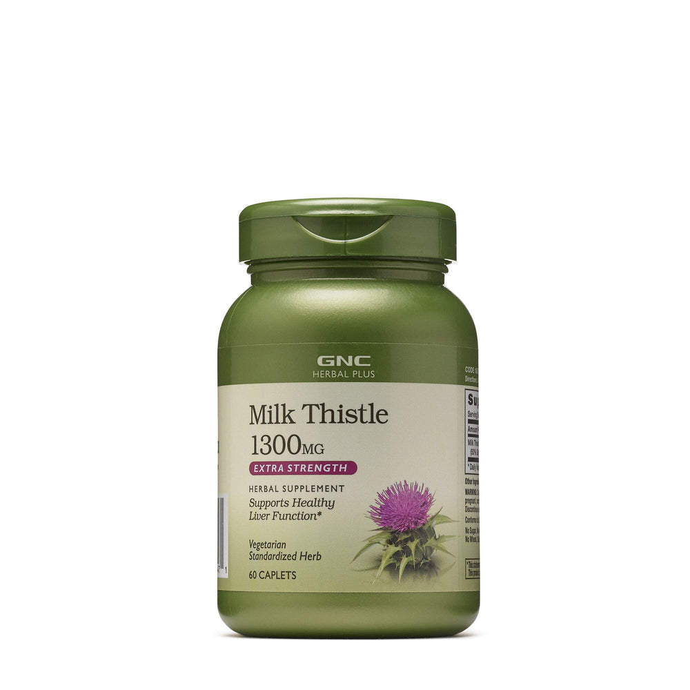 GNC Herbal Plus Milk Thistle 1300mg bottle, easy daily supplement for liver support.