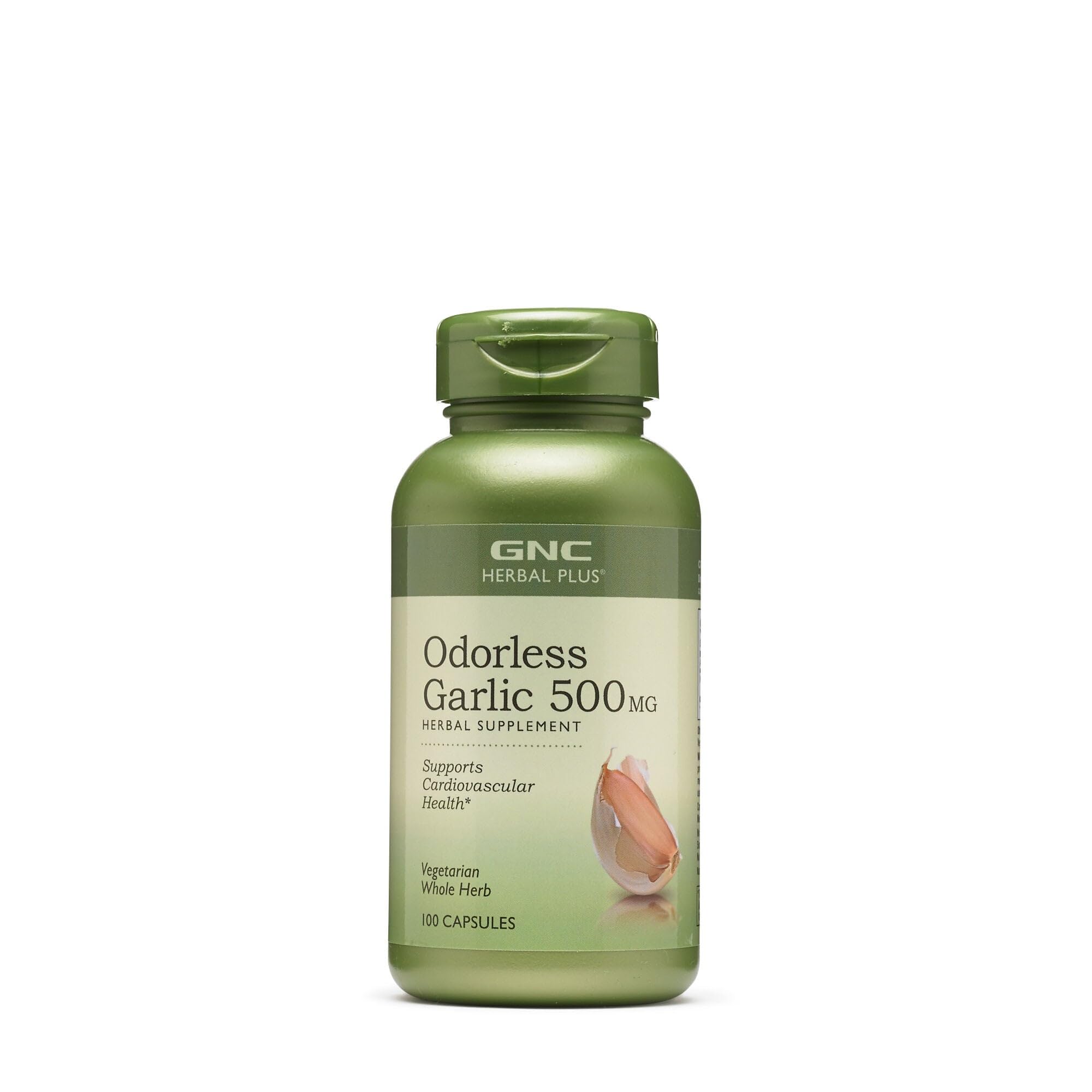 GNC Herbal Plus odorless garlic 500mg bottle for daily wellness.