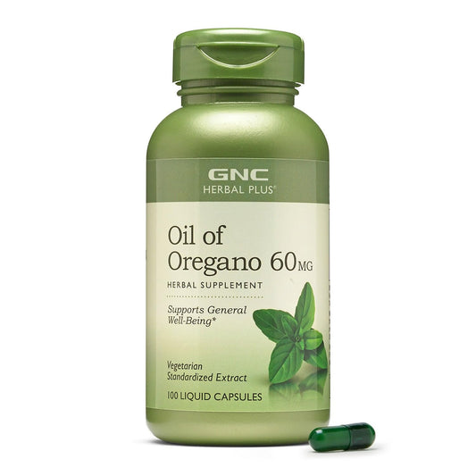 GNC Herbal Plus Oil of Oregano 60mg bottle showing the proprietary blend for daily wellness.