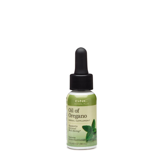GNC Herbal Plus Oil of Oregano bottle pour demonstrates easy daily supplement routine