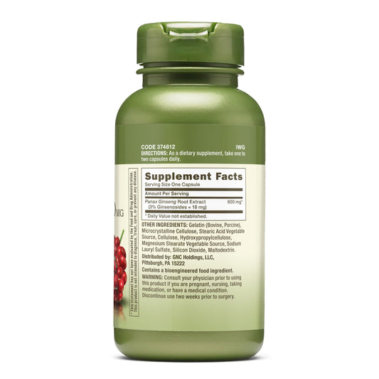 GNC Panax Ginseng 600mg capsules closeup highlighting standardized extract for adaptogenic support