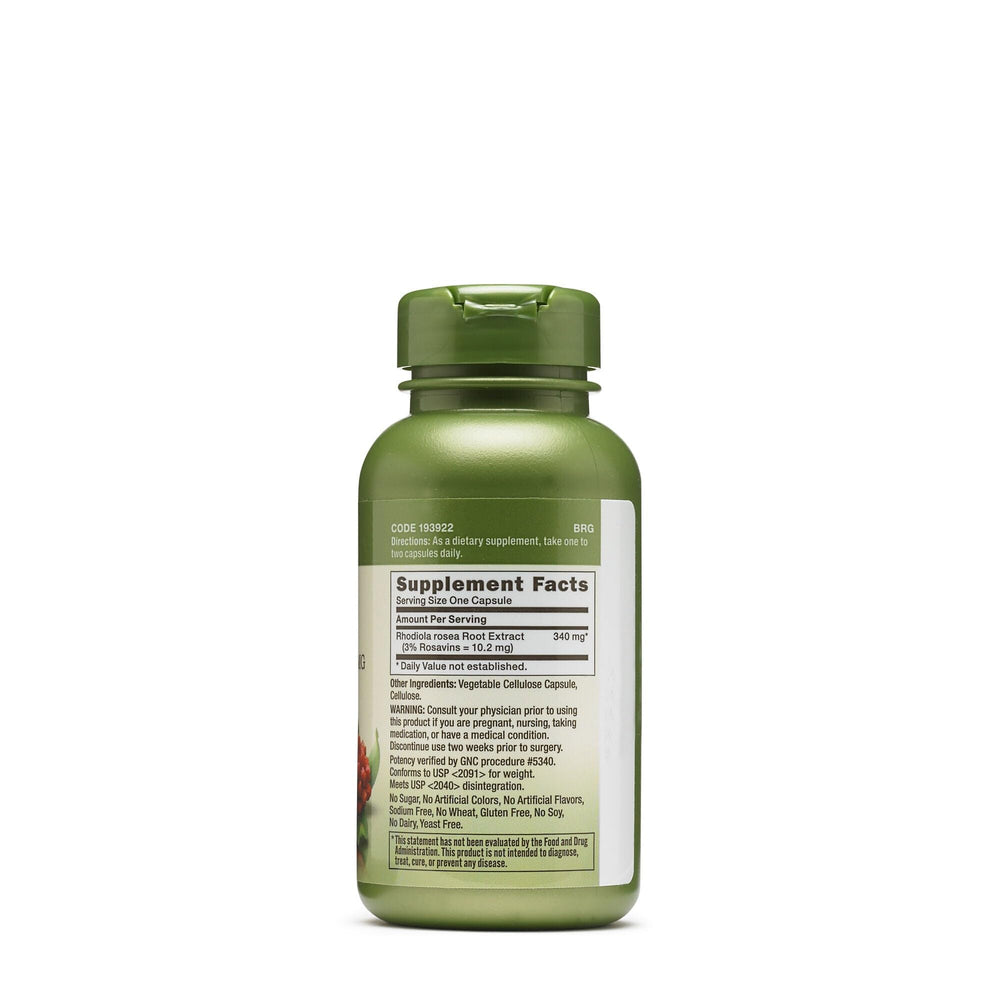 GNC Herbal Plus Rhodiola Extract packaging box label emphasizing quality.