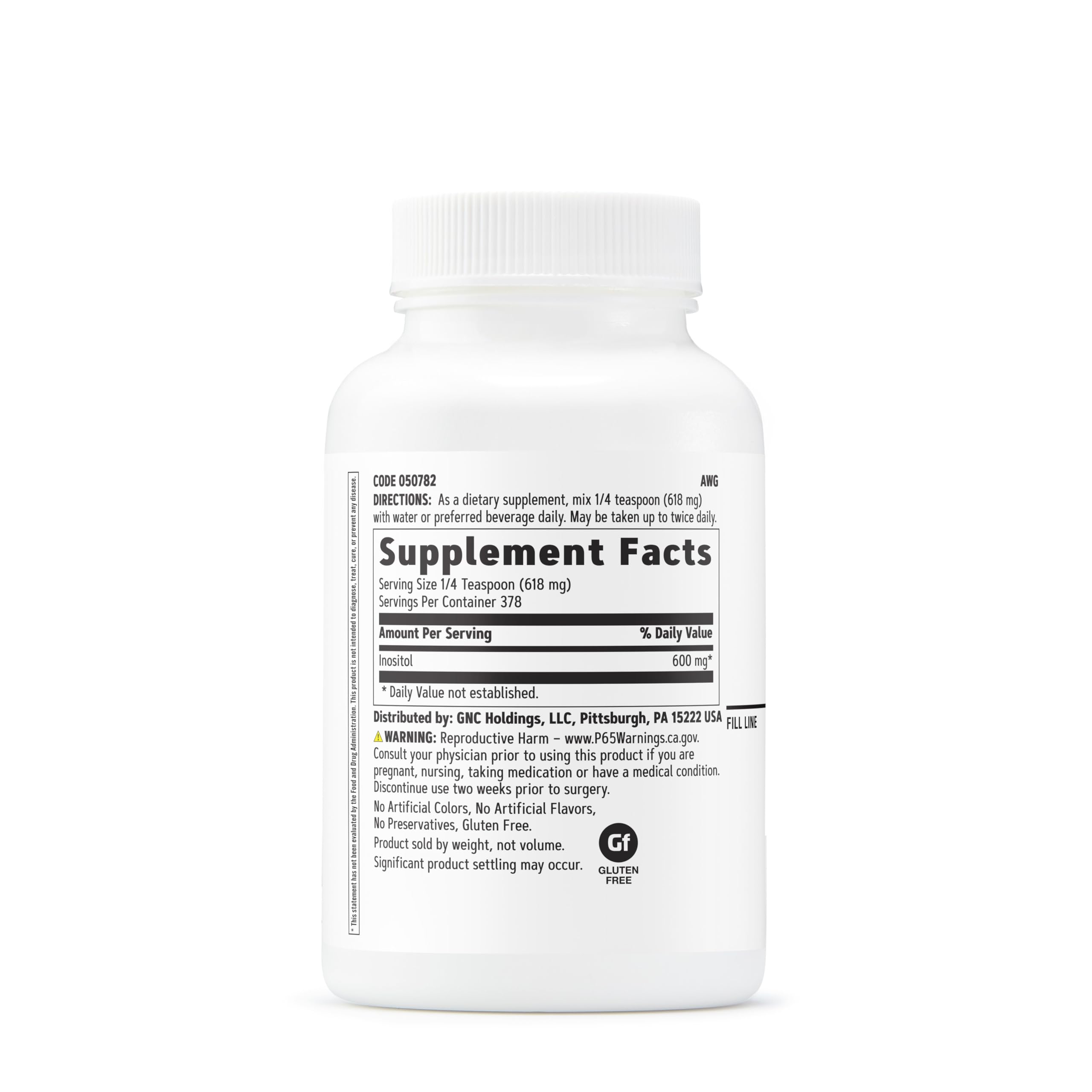 GNC Inositol Powder 600mg tub showing 378 servings for long-term use.