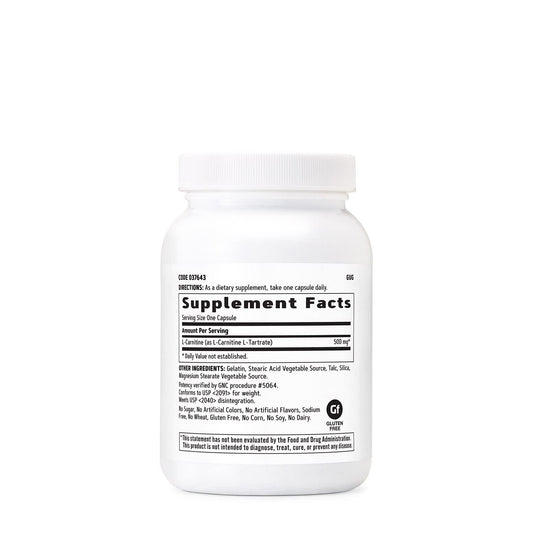GNC L-Carnitine 500mg capsules close-up for post-workout use