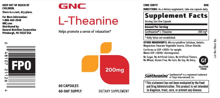 GNC L-Theanine 200mg label detail highlighting tea-derived calm support.