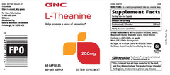 GNC L-Theanine 200mg label detail highlighting tea-derived calm support.