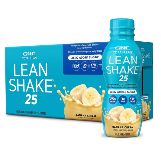 GNC Lean Shake 25 Banana Cream bottle pouring, high-protein on-the-go meal replacement.