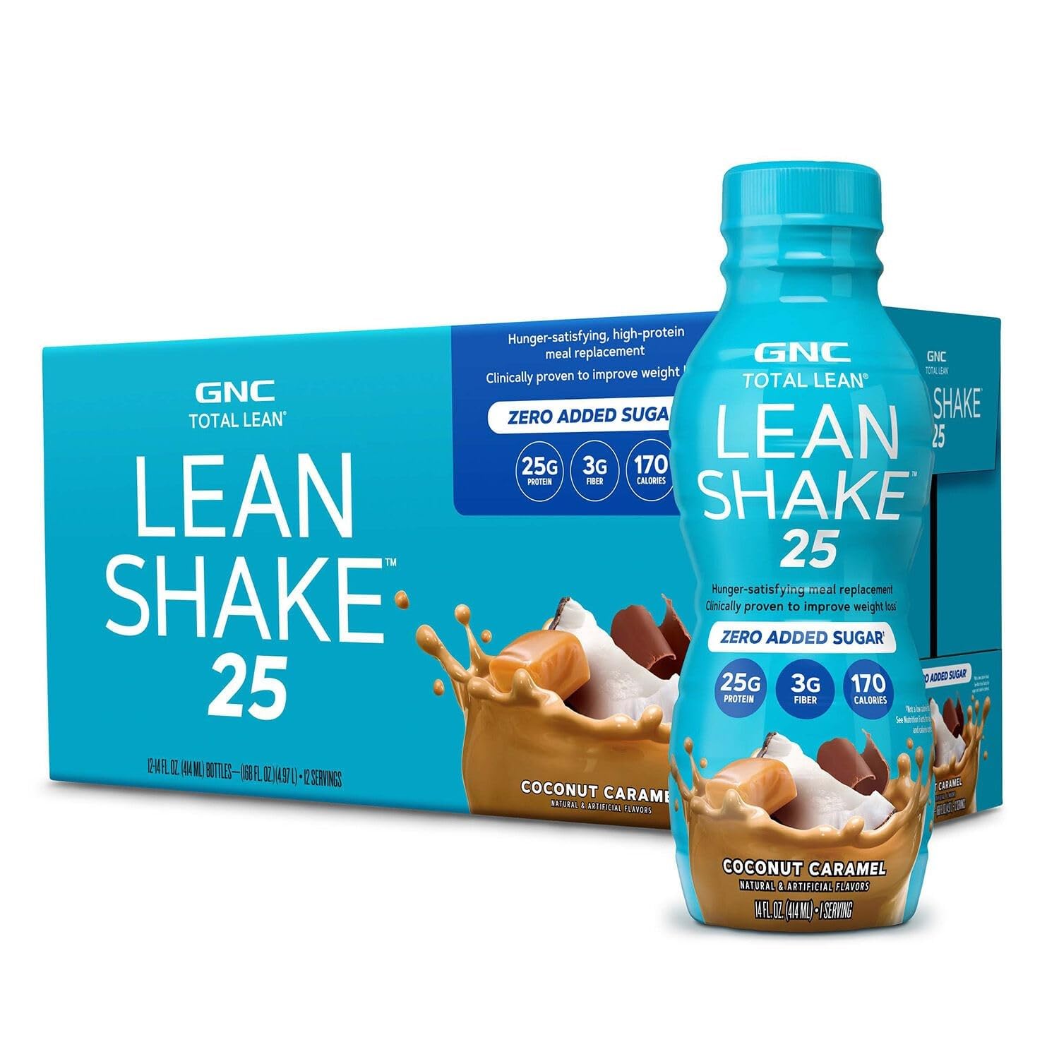 GNC Lean Shake 25 bottle pour for on-the-go protein boost.