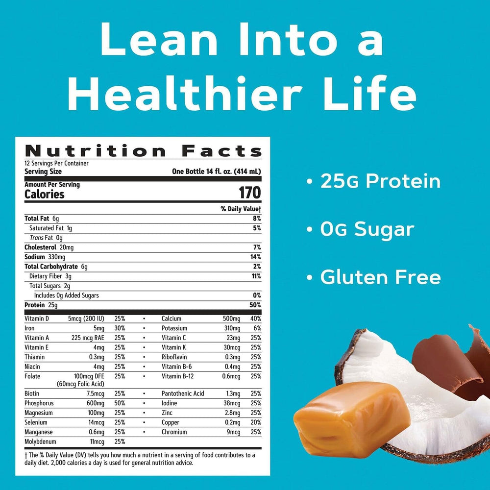 GNC Lean Shake 25 coconut caramel label showcasing flavor appeal.