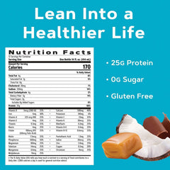 GNC Lean Shake 25 coconut caramel label showcasing flavor appeal.