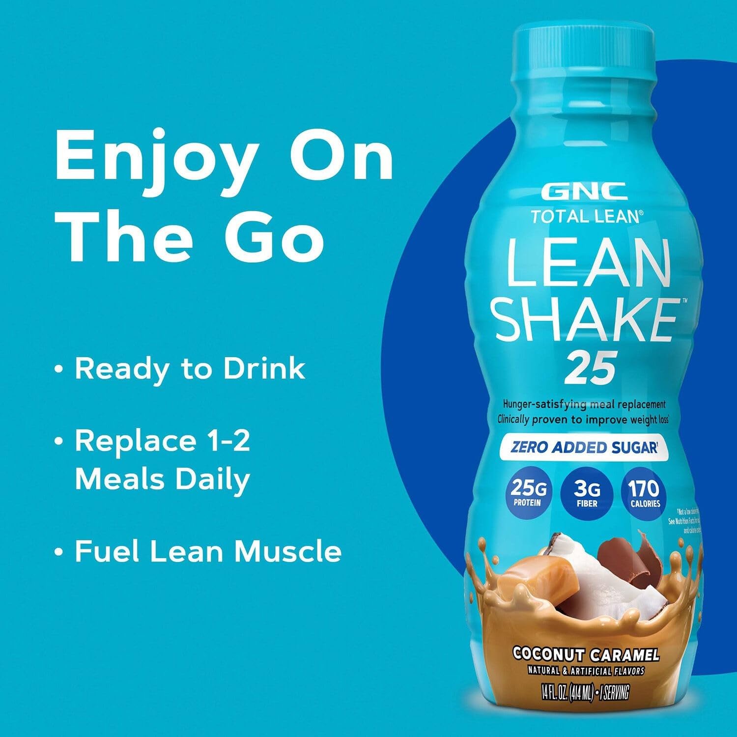 GNC Lean Shake 25 coconut caramel shake close-up texture.