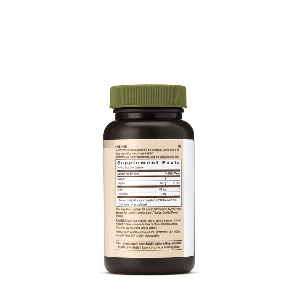 GNC Lutein 40mg softgels label close-up showing dosage and ingredients.