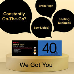 GNC Mega Men 40+ tablets close-up emphasizing core vitamins.