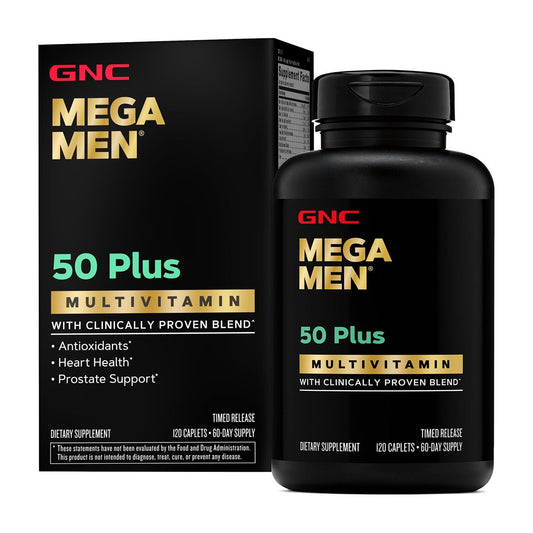 GNC Mega Men 50 Plus bottle front highlights comprehensive antioxidants and daily support.