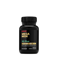 GNC Mega Men 50 Plus bottle on a tabletop for daily use