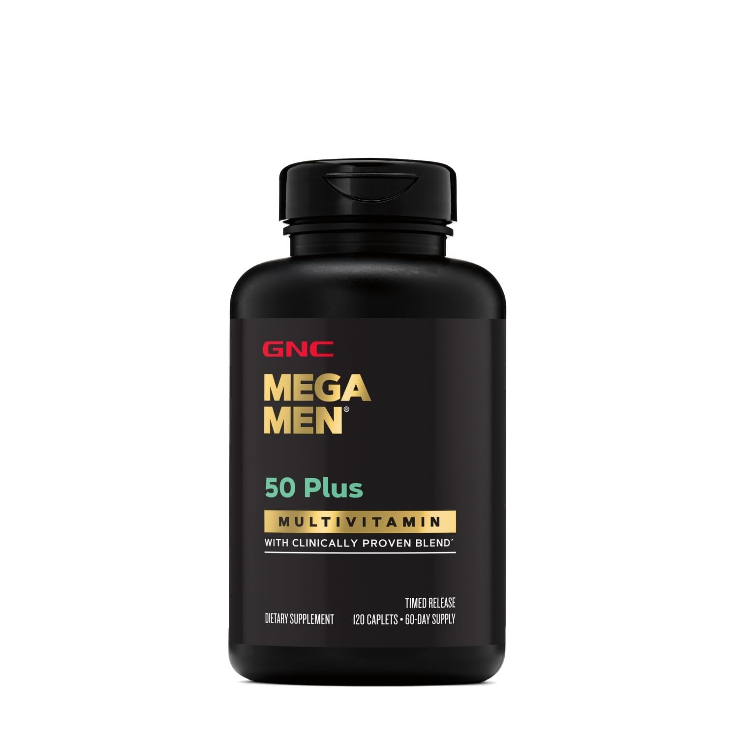GNC Mega Men 50 Plus ingredients label shows lycopene, saw palmetto, and B vitamins.
