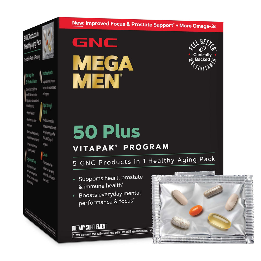 GNC Mega Men 50 Plus Vitapak complete pack for convenient daily nutrition.