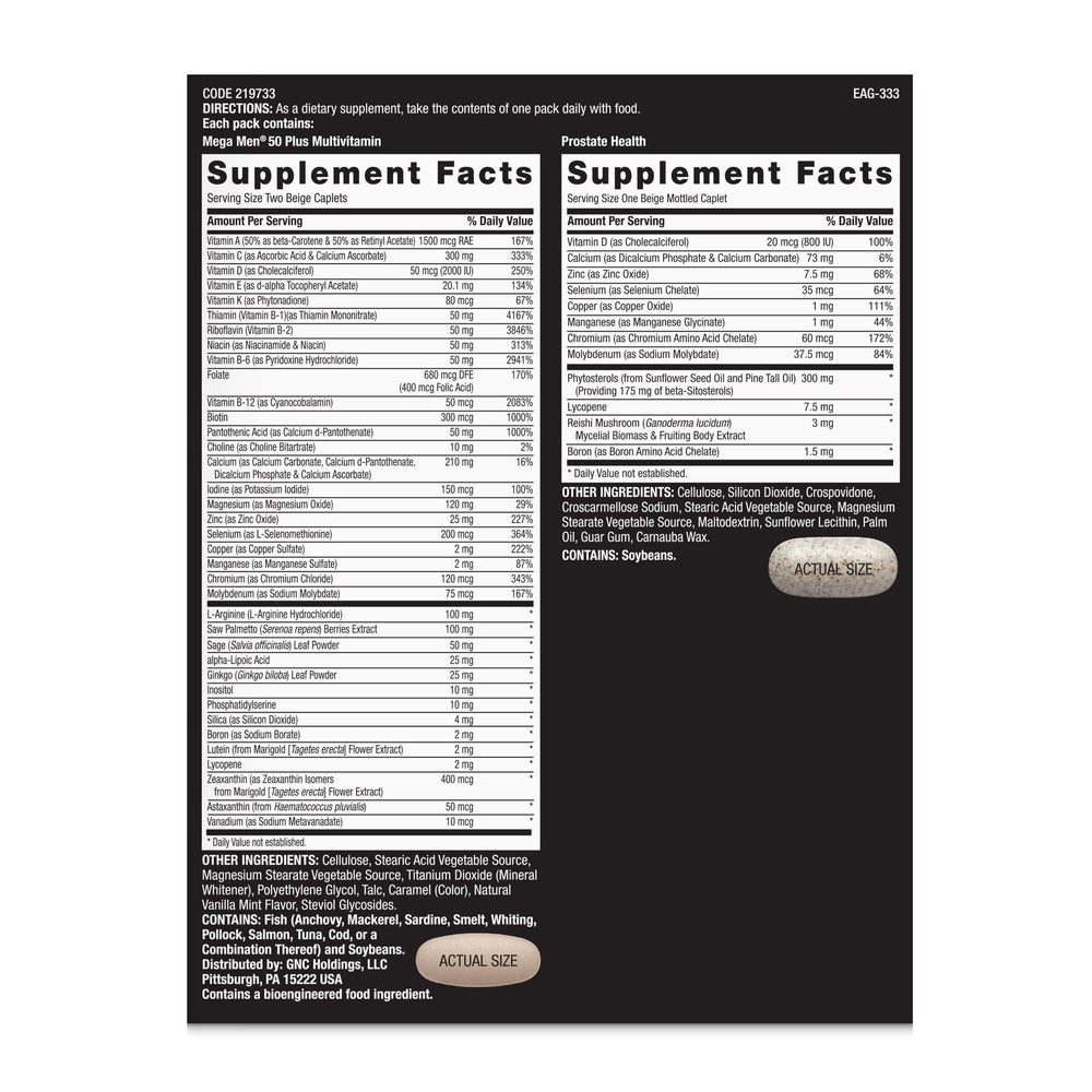 GNC Mega Men 50 Plus Vitapak daily pack shown for easy morning routine.