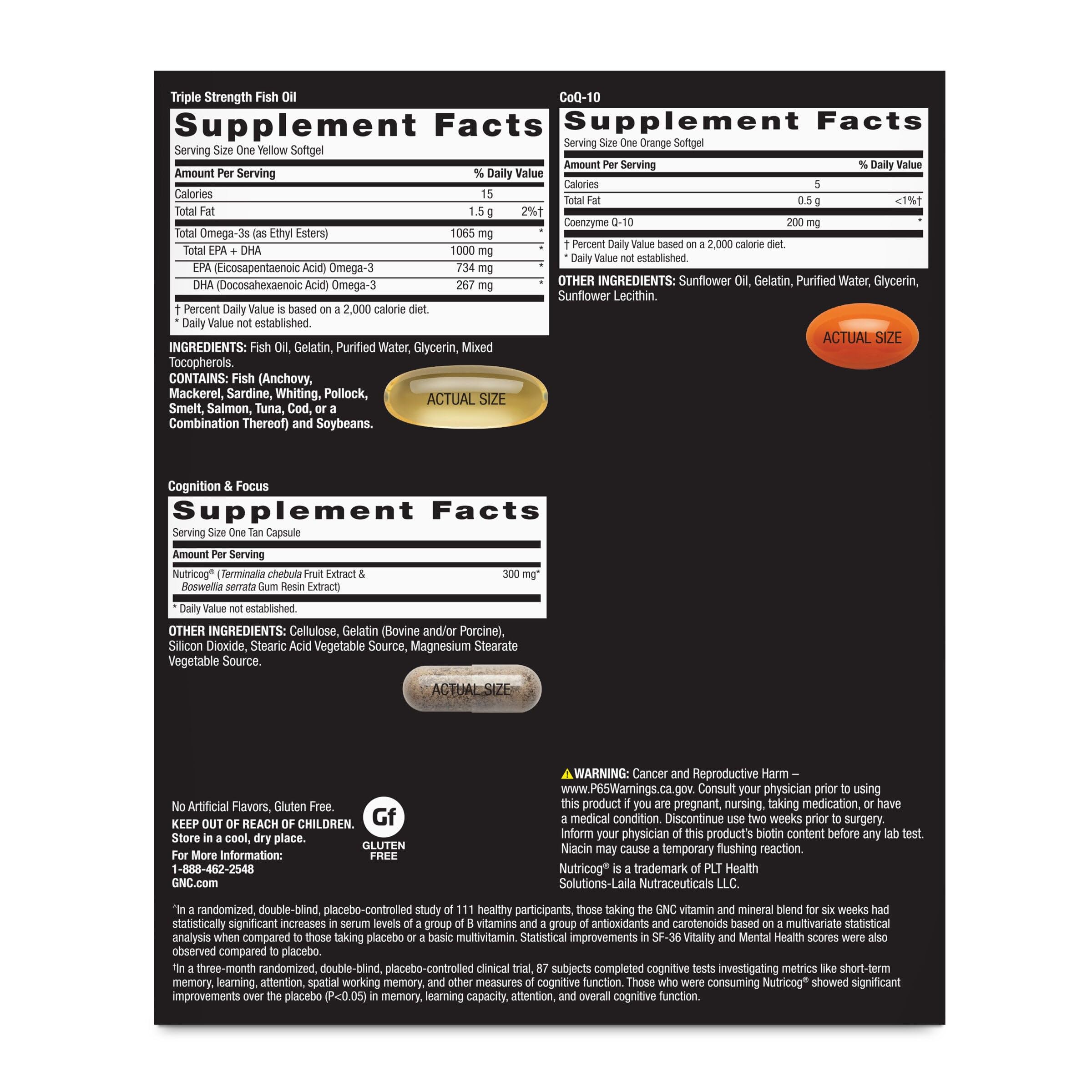 GNC Mega Men 50 Plus Vitapak fish oil softgels supporting heart health daily.