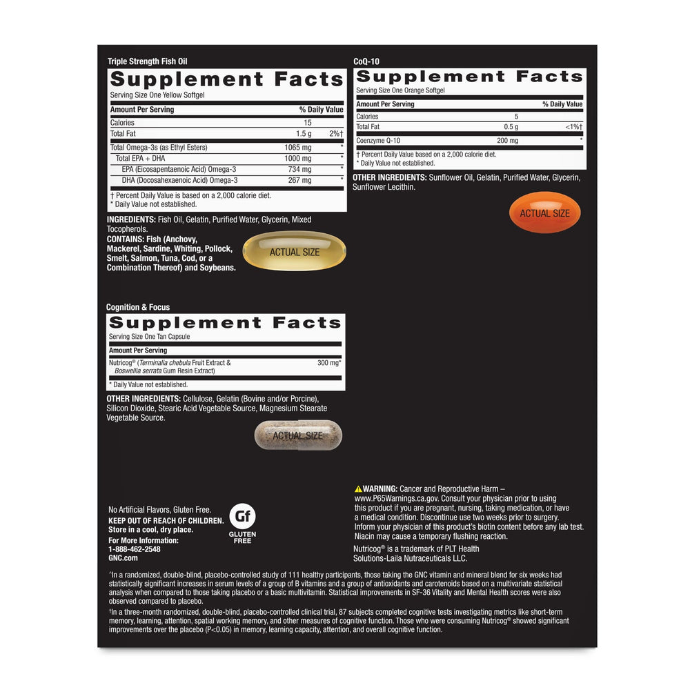 GNC Mega Men 50 Plus Vitapak fish oil softgels supporting heart health daily.