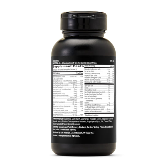 GNC Mega Men caplets close-up highlighting small, easy-to-swallow design for daily use.